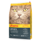 Eine Tüte Josera Catelux Katzenfutter mit einer Nahaufnahme des Gesichts einer Katze, beschriftet mit 'Extrem Anti-Haarballen' und 'Erwachsene', mit Nährwertangaben.