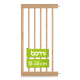 Holztiergitter mit vertikalen Latten, mit einem grünen Etikett, das "bomi" und "10-50 cm" für die verstellbare Höhe anzeigt.
