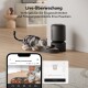 Eine grau-weiße Katze frisst aus einem automatischen Futterspender, während ein Smartphone die Live-Überwachung und den Fütterungsplan zeigt. Text: "Live-Überwachung."