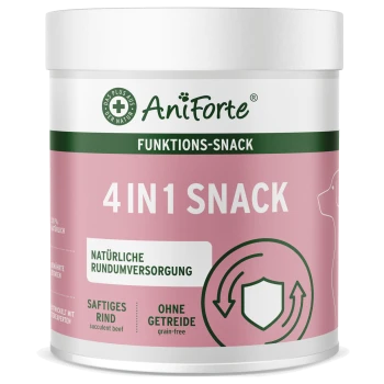 Behälter mit AniForte 4 in 1 Snack für Hunde, mit einem rosa Etikett mit dem Text "NATÜRLICHE RUNDUMVERSORGUNG" und "OHNE GETREIDE."