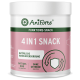 Behälter mit AniForte 4 in 1 Snack für Hunde, mit einem rosa Etikett mit dem Text "NATÜRLICHE RUNDUMVERSORGUNG" und "OHNE GETREIDE."