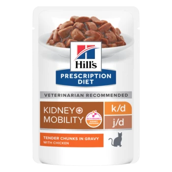 Hill's Prescription Diet Beutel mit der Formel 'Niere + Mobilität' für Katzen, mit zarten Stückchen in Soße und Huhn.