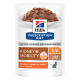 Pochette de régime prescrit Hill's présentant la formule "Reins + Mobilité" pour chats, avec des morceaux tendres dans une sauce et du poulet.