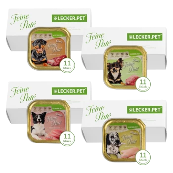 Vier LECKER.PET Feine Paté Hundenassfutter-Schalen mit verschiedenen Hundefotos, weiße Verpackungen, jeweils mit der Aufschrift '11 Stück'.