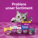 Eine verspielte graue Katze mit großen Augen auf einem lila Hintergrund bewirbt Whiskas-Leckerlis und Milch, mit "Probiere unser Sortiment" oben.