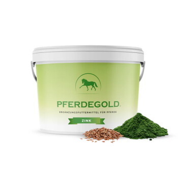 Eimer von PFERDEGOLD mit Aufschrift „ZINK“, dazu Leinsamen und grünes Pulver
