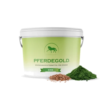 Eimer von PFERDEGOLD mit Aufschrift „ZINK“, dazu Leinsamen und grünes Pulver