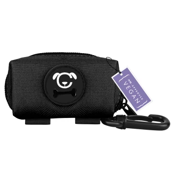 Schwarze Haustier-Leckerlitasche mit einem Hundelogo und einem Knochendesign, mit einem Etikett, auf dem "Ich bin genehmigt vegan" steht.