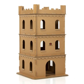 Katzenburg XL aus Pappe Pappkatzenburg mit drei Ebenen, die mehrere Fenster und einen gewölbten Eingang hat, entworfen für das Spielen und Erkunden von Haustieren.