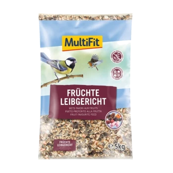 Un sac de 5 kg de nourriture pour oiseaux MultiFit avec des fruits colorés, avec des images d'une mésange bleue et d'un rouge-gorge sur le devant, étiqueté "FRÜCHTE LEIBGERICHT."