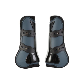 Ein Paar schützende Pferdebeinschoner in Dunkelblau und Schwarz, mit verstellbaren Riemen und einem eleganten Design für die Sicherheit des Pferdes.