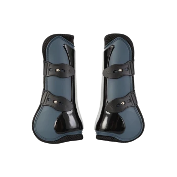 Ein Paar schützende Pferdebeinschoner in Dunkelblau und Schwarz, mit verstellbaren Riemen und einem eleganten Design für die Sicherheit des Pferdes.