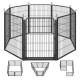 Schwarzer Metall-Achteck-Auslauf mit Fronttor und Riegel; drei kleine Diagramme darunter zeigen alternative Paneel-Konfigurationen.