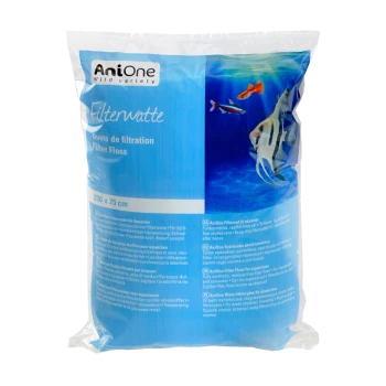 Un sac en plastique transparent de AniOne Filter Floss pour aquariums, étiqueté en plusieurs langues, avec un fond bleu et des illustrations de poissons.