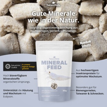 NatureHolic MINERAL FEED 30g-Tüte mit Garnele über Pellets; Text: ‚Gute Minerale wie in der Natur.‘ ‚Rundum Schutz‘
