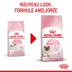 L'emballage de nourriture Royal Canin Mother & Babycat montre le design ancien vs. nouveau avec un chat et un chaton. Texte : 'NOUVEAU LOOK, FORMULE AMÉLIORÉE.'