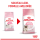 L'emballage de nourriture Royal Canin Mother & Babycat montre le design ancien vs. nouveau avec un chat et un chaton. Texte : 'NOUVEAU LOOK, FORMULE AMÉLIORÉE.'