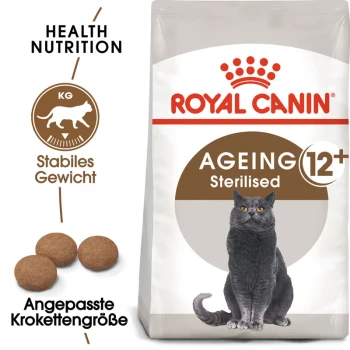 Royal Canin Ageing 12+ Sterilised Katzenfutterbeutel mit einer grauen Katze, mit Text, der gesunde Ernährung und angepasste Krokettengröße hervorhebt.
