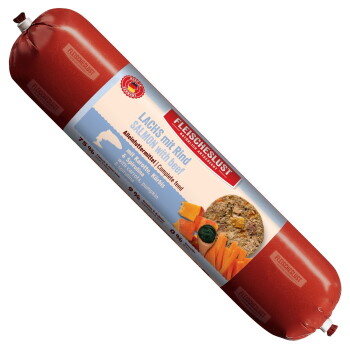 FLEISCHESLUST Futterbox – Holzkiste mit Hunde-Foto und dem Text „Natürlich & Artgerecht“, sowie einer wurstähnlichen Futterrolle mit der Beschriftung „Lachs mit Rind / Salmon with beef“.