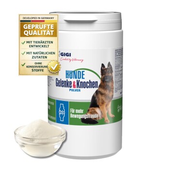 Behälter mit GIGI Hunde Gelenke & Knochen Pulver für Hunde, mit einem Bild eines Deutschen Schäferhundes, mit Text, der die Gelenkgesundheit und GMP-Zertifizierung fördert.