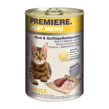 Canned cat food labeled "Premiere Meat Menu" featuring a tabby cat on the front, with beef and poultry ingredients displayed.