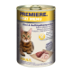 Dose Katzenfutter mit dem Etikett "Premiere Meat Menu", das eine getigerte Katze auf der Vorderseite zeigt, mit Rind- und Geflügelzutaten.
