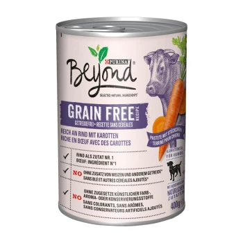Dose Purina Beyond Grain Free Hundefutter, mit einer Kuh und Karotten auf dem Etikett, mit Text, der natürliche Zutaten und keine hinzugefügten Körner hervorhebt.