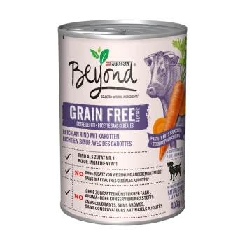 Dose Purina Beyond Grain Free Hundefutter, mit einer Kuh und Karotten auf dem Etikett, mit Text, der natürliche Zutaten und keine hinzugefügten Körner hervorhebt.