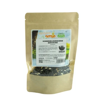 Sonnenblumenkern Mischung 100g Eine braune Papiertüte mit einer Mischung aus Sonnenblumenkernen, beschriftet mit "SONNENBLUMENKERNE MISCHUNG" von Getzoo, mit einem bunten, naturthemenbasierten Design.