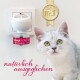 Grünäugige graue Katze neben einem Steckdosen-Diffusor mit der Aufschrift 'Felisept HOME', goldenes 'die Nr.1'-Siegel und der Text 'natürlich ausgeglichen'.