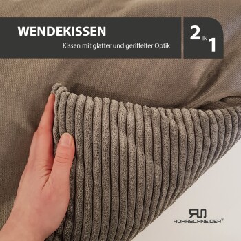 Wendekissen, ein umkehrbares Kissen mit glatter und gerippter Textur, das in einer Hand gehalten wird; zeigt '2 in 1' und das Markenlogo Rohrschnieder.