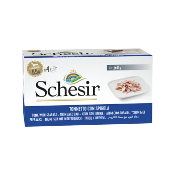 Schesir Thunfisch mit Seebarsch in Gelee, 4 x 85g Packungen, mit mehrsprachigem Text: "Tonnetto con Spigola" und Nährwertangaben.