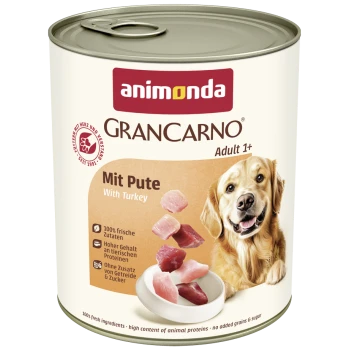 Dose Animonda GranCarno Adult 1+ Hundefutter mit Truthahn, auf dem Etikett ein Golden Retriever und Fleischstücke.