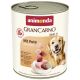Puszka karmy dla psów Animonda GranCarno Adult 1+ z indykiem, z wizerunkiem golden retrievera i kawałkami mięsa na etykiecie.