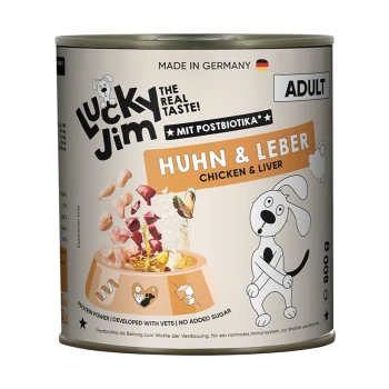 Lucky Jim Adult Hundefutterdose — Huhn & Leber, Hergestellt in Deutschland, mit Cartoon-Hund und Futterschüssel-Illustration.
