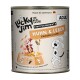 Lucky Jim Adult Hundefutterdose — Huhn & Leber, Hergestellt in Deutschland, mit Cartoon-Hund und Futterschüssel-Illustration.