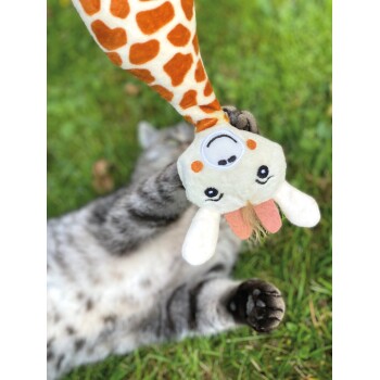 Eine verspielte graue Tabbykatze greift nach einem plüschigen Giraffenspielzeug mit einem lächelnden Gesicht und schlaffen Ohren, vor einem grasbewachsenen Hintergrund.