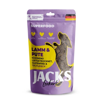 Splitter Soft Lamm & Pute 90 g Lila Verpackung von Jacks Hundeleckerlis, beschriftet mit "Lamm & Pute," mit 73% Fleisch, glutenfrei und luftgetrocknet.