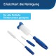 Trois brosses de nettoyage bleues PetSafe pour fontaines à eau pour animaux, étiquetées "Erleichtert die Reinigung" et "Für alle PetSafe-Trinkbrunnen geeignet."
