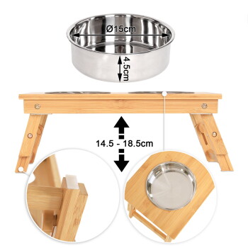 Verstellbarer Bambus-Futterspender mit Edelstahlschale — Ø15 cm, 4,5 cm tief; Höhe 14,5 - 18,5 cm.