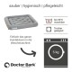 Grauer Hundebett mit gestepptem Design, beschriftet mit "Doctor Bark", mit Waschhinweisen: maschinenwaschbar bis 95°C und trocknergeeignet.