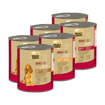 Sechs Dosen Select Gold Adult Sensitive Hundefutter mit Bildern eines Hundes und Texten zu den Geschmacksrichtungen: Lamm, Huhn und Rind mit Reis.