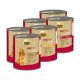 Zes blikken Select Gold Adult Sensitive hondenvoer met afbeeldingen van een hond en tekst die smaken aangeeft: lam, kip en rund met rijst.