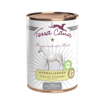 Dose Hundefutter mit der Aufschrift "Terra Canis," mit einer weißen Pferdeillustration, als hypoallergen gekennzeichnet mit Topinambur, getreidefrei.
