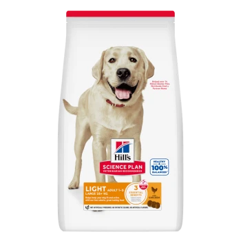 Hill's Science Plan Light Hundefuttertüte für erwachsene Hunde (Large 25+ kg) mit gelbem Labrador; Aufschriften 'Light', 'Science Plan' und '100% Balanced'.