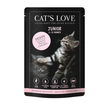 Verpackung von Cat's Love Junior Katzenfutter mit zwei verspielten Kätzchen. Wichtige Details: 71% Huhn, mit Omega 3 & 6, getreidefreies Rezept, 100% natürlich.