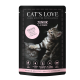 Verpackung von Cat's Love Junior Katzenfutter mit zwei verspielten Kätzchen. Wichtige Details: 71% Huhn, mit Omega 3 & 6, getreidefreies Rezept, 100% natürlich.
