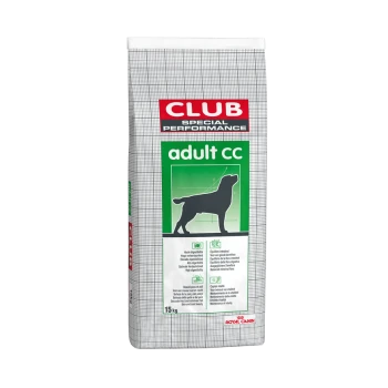 Hundefutterbeutel mit der Aufschrift 'CLUB SPECIAL PERFORMANCE adult CC', mit einer Silhouette eines Hundes, Nährwertangaben und einem Gewicht von 15 kg.