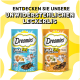 Deux paquets de friandises Dreamies pour animaux : bleu "Festival de fruits de mer" et orange "Picnic de volaille", tous deux avec des chats de dessin animé et un texte attrayant.