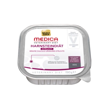 Diätetische Haustierfutterverpackung mit der Aufschrift "Select Gold Medica Harnsteindiät Struvit", entworfen für die Harnwegsgesundheit, 150g.